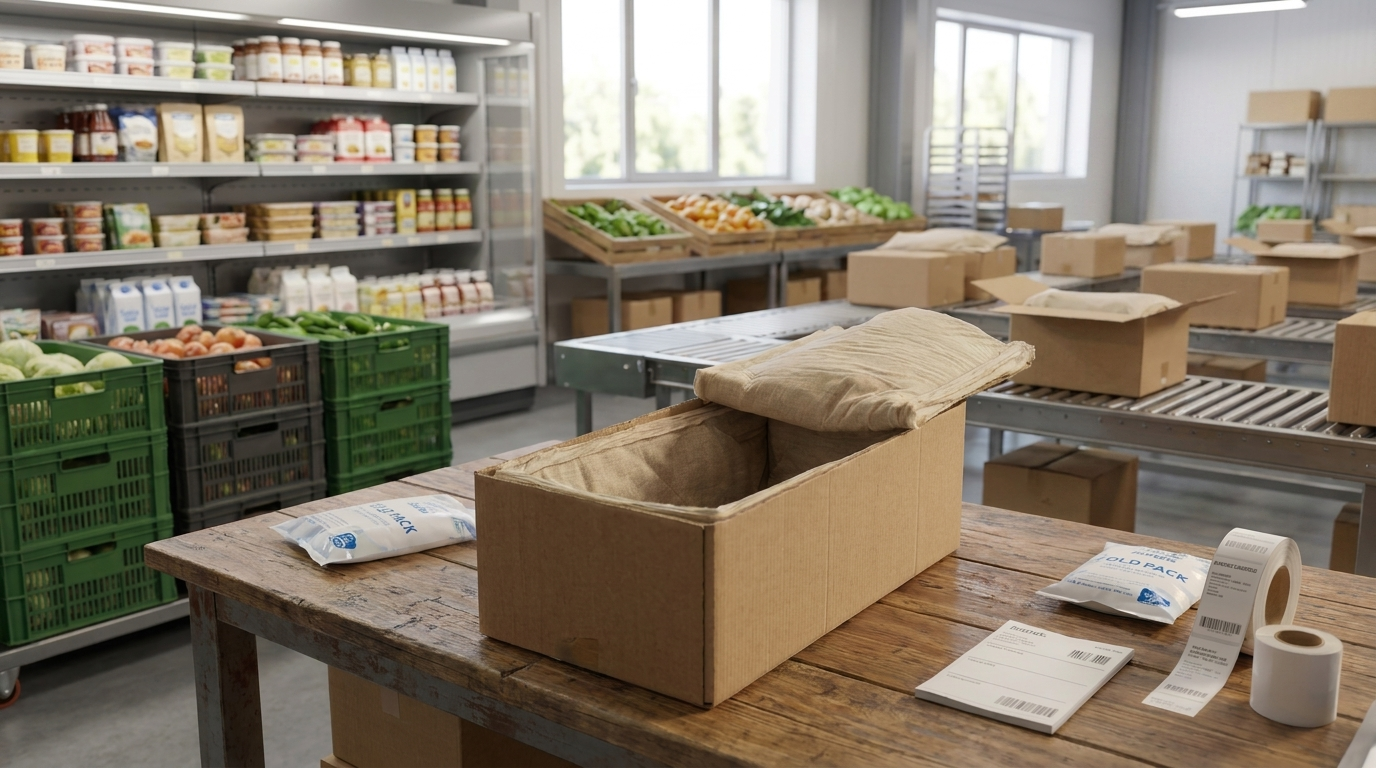 Packstation im Lebensmittelversand: Karton mit Profümed Isoliertasche, Kühlakkus und Versandetiketten